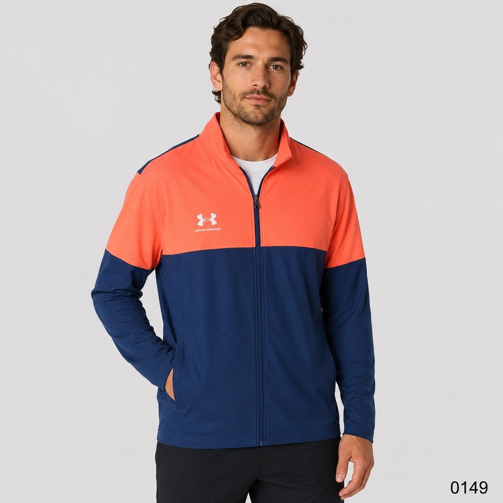 Under Armour Mens XL Track Jacket Orange Navy Blue Colorblock Full Zip Fitted